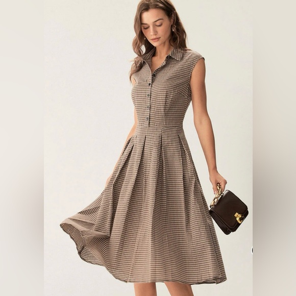 RIHOAS Brown Checkered Midi Dress - Picture 1 of 8